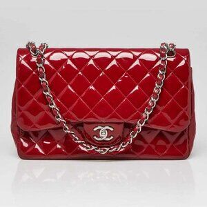 Chanel Red Quilted Patent Leather Classic Jumbo Double Flap Bag
